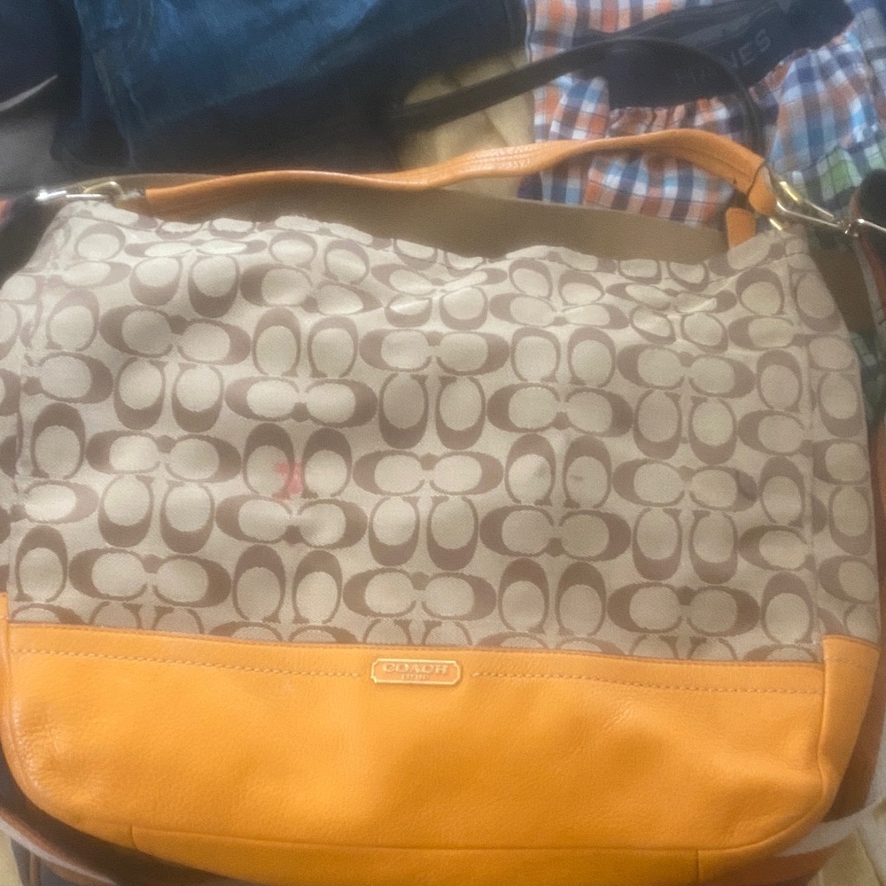 Coach Signature Tan and Orange Shoulder Bag